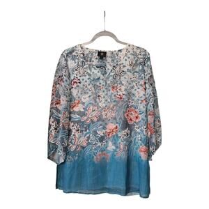 JM Collection Womens SM Blouse Sheer Sleeves Blue Pink Beaded Floral Split Neck